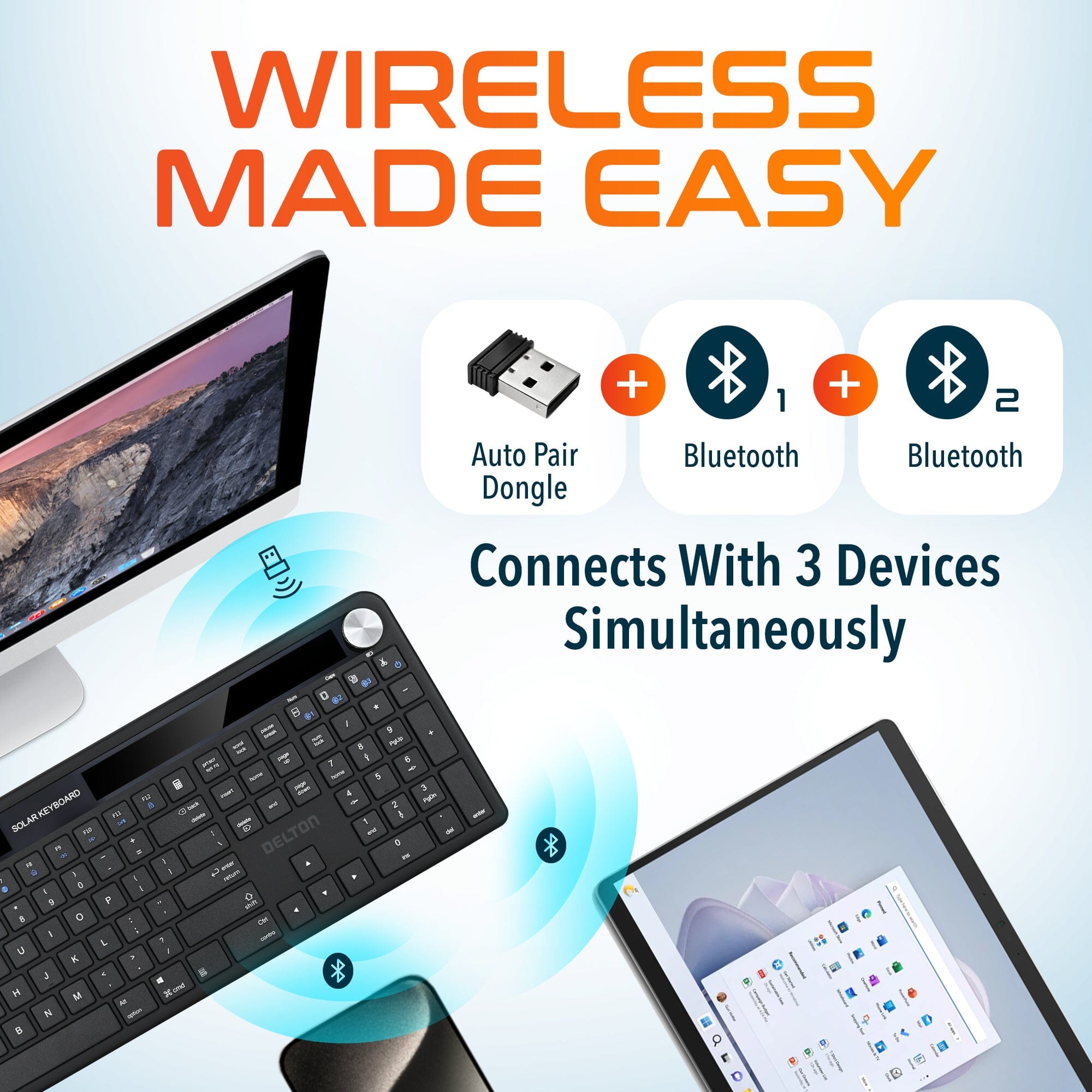 Delton KB90 Wireless Solar Keyboard, Rechargeable Wireless Keyboard with Quiet Keys, Solar Recharging Keyboard, Bluetooth Keyboard for Computer /Desktop /PC /Laptop /Windows. Wireless Keyboard - Tophatter Daily Deals